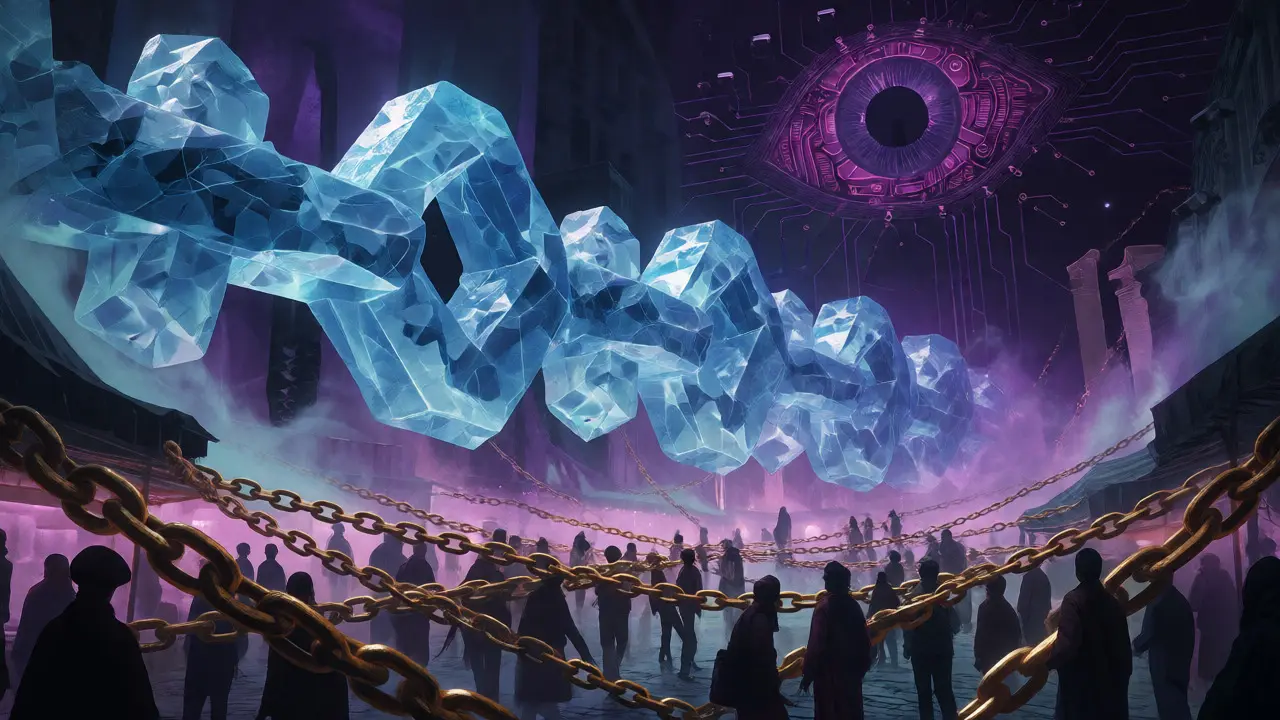 Structure blockchain glaciale surplombant une place de marché avec des chaînes dorées et un œil surveillant.