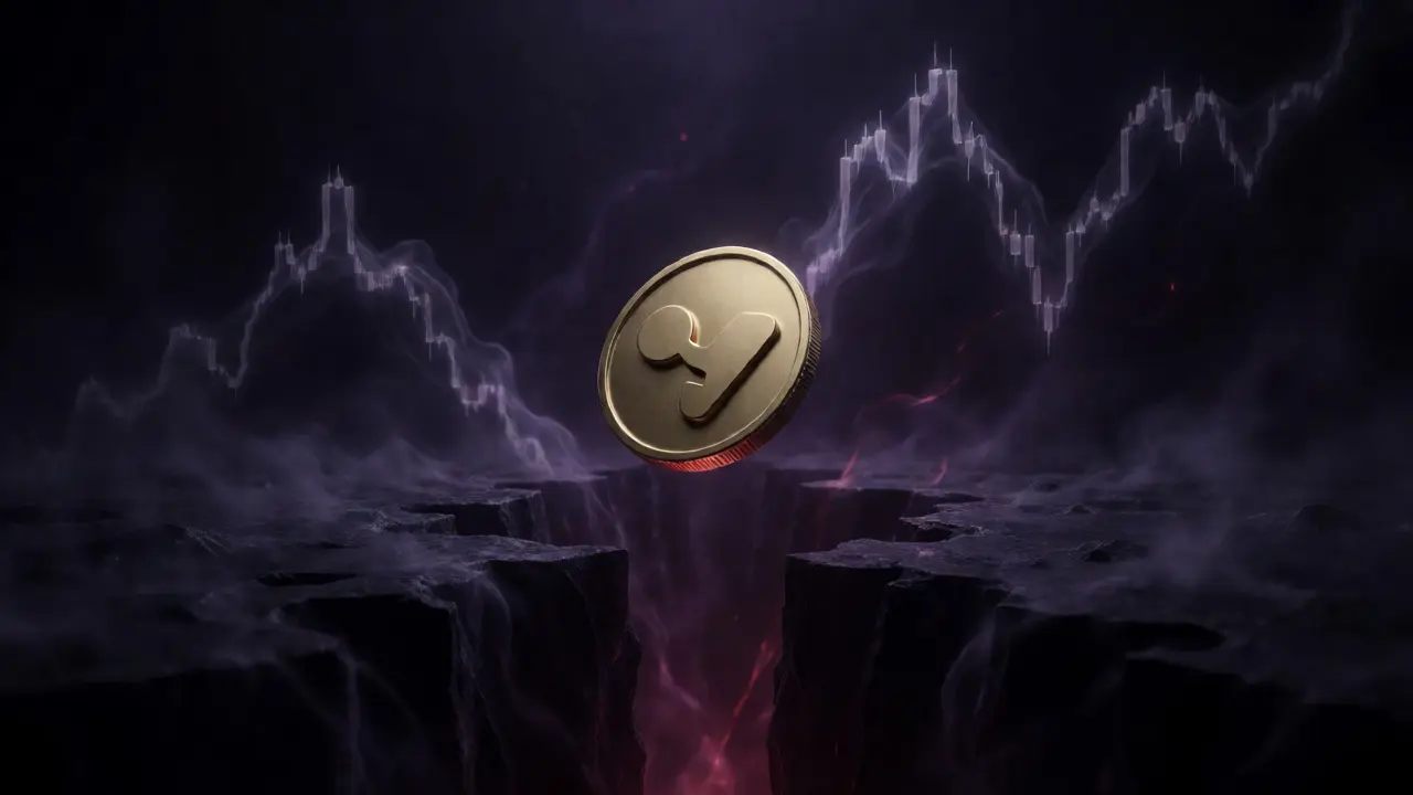 Token UPO flottant au-dessus d'un gouffre représentant la chute des prix