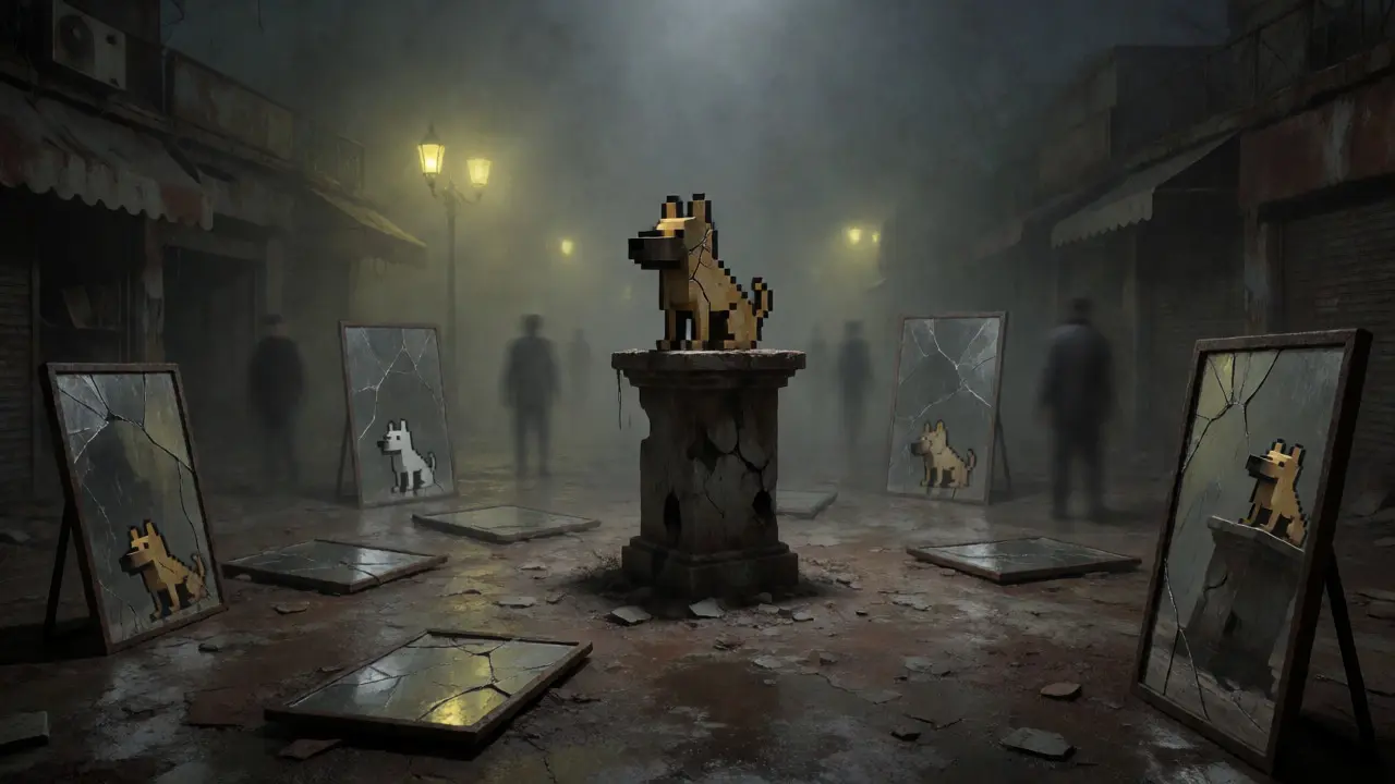 Une place déserte avec une statue de chien pixelisé abandonnée, reflétant l'inactivité du marché DOGGY.