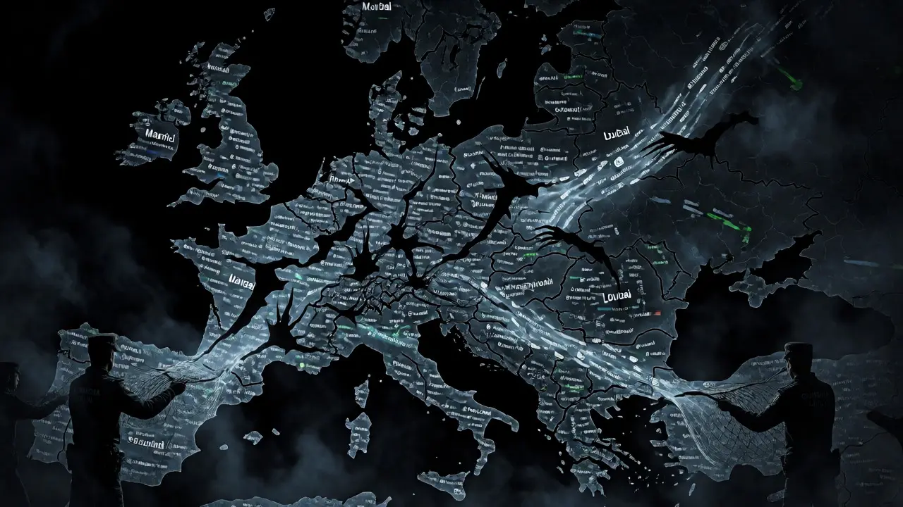 Carte de l'Europe hantée par des vols de cryptomonnaies transfrontaliers.