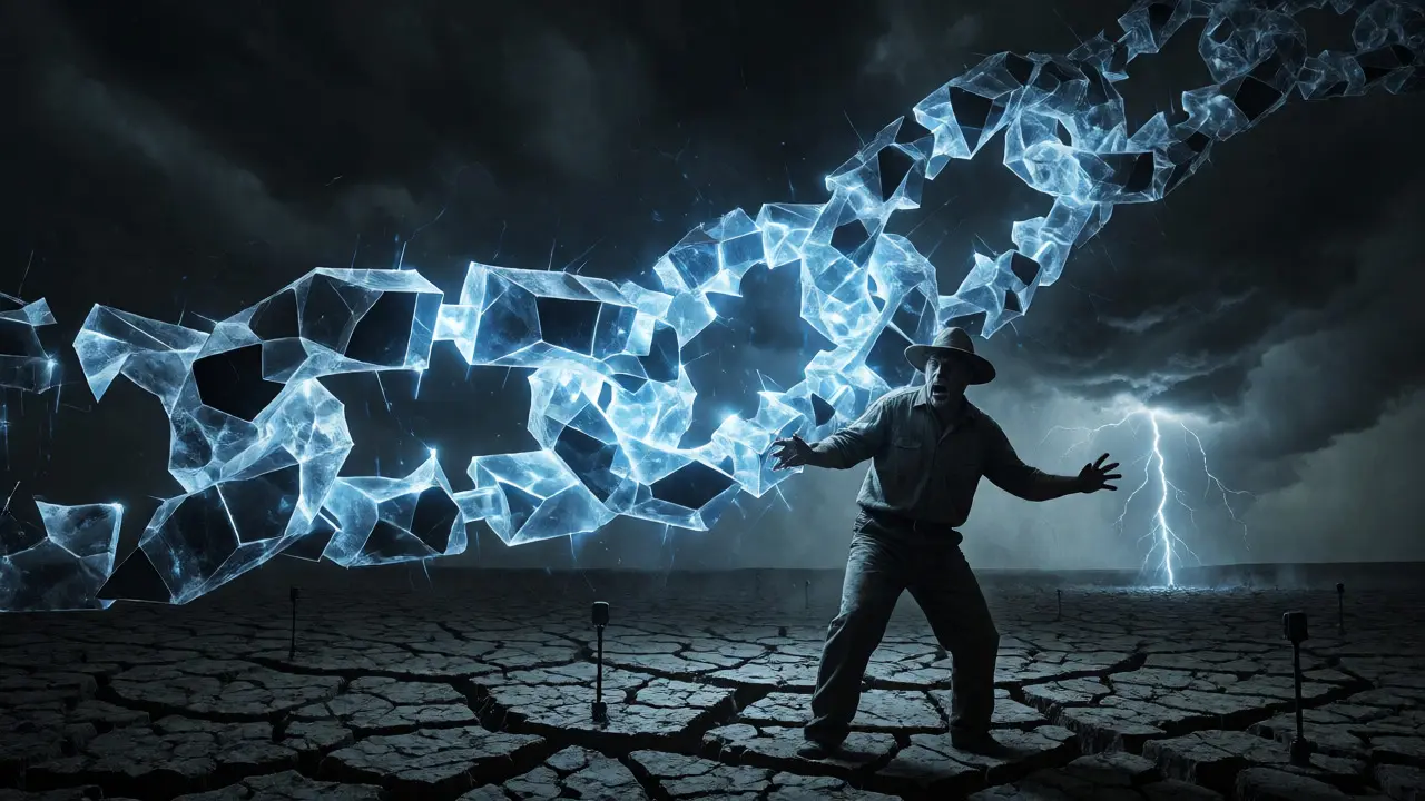 Chaîne blockchain lumineuse enveloppant un agriculteur dans un champ aride sous un ciel d'orage.