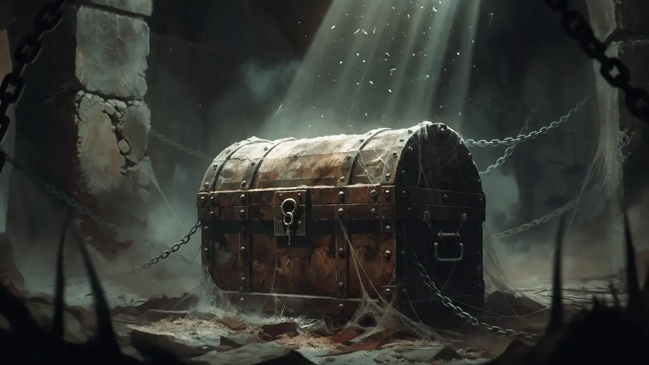 Coffre au trésor rouillé et oublié dans une crypte obscure, symbole d'airdrop expiré.