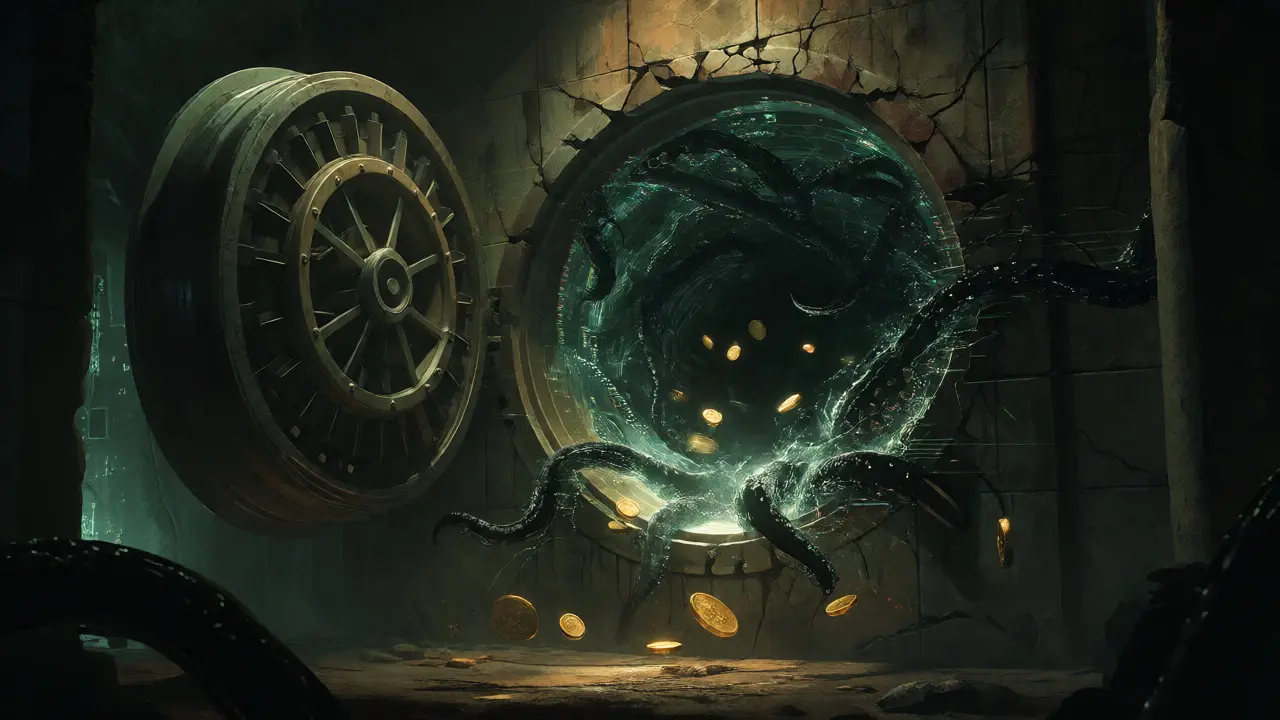 Coffre-fort ancien fissuré avec des tentacules de données atteignant des pièces flottantes.
