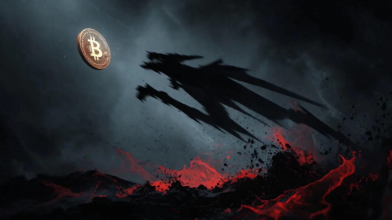 Créature d'ombre suivant une pièce de Bitcoin flottante dans le vide.