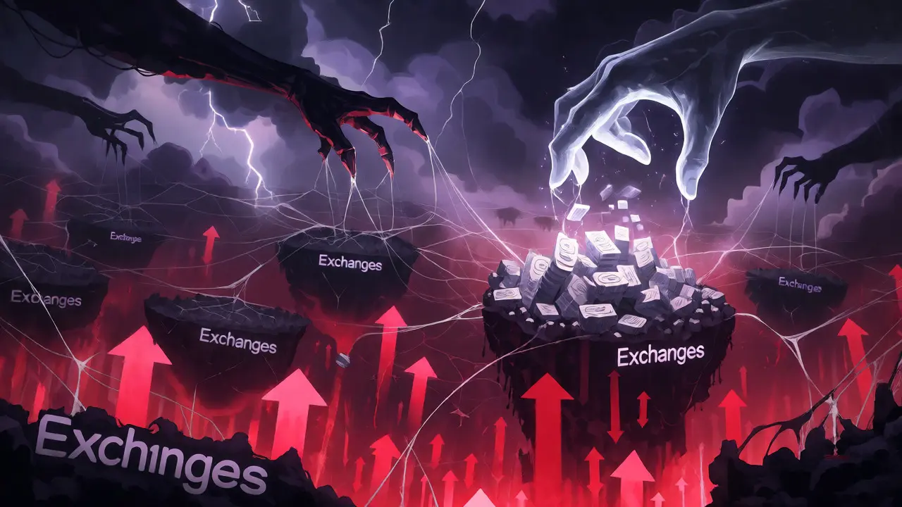 Des mains squelettiques manipulant un réseau de blocs sur un ciel d'orage rouge sang.