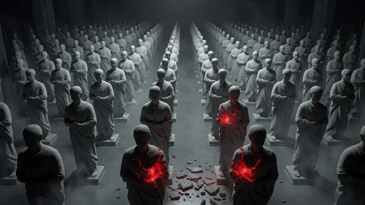Des statues de serveurs fissurées avec des lueurs rouges dans une salle obscure.
