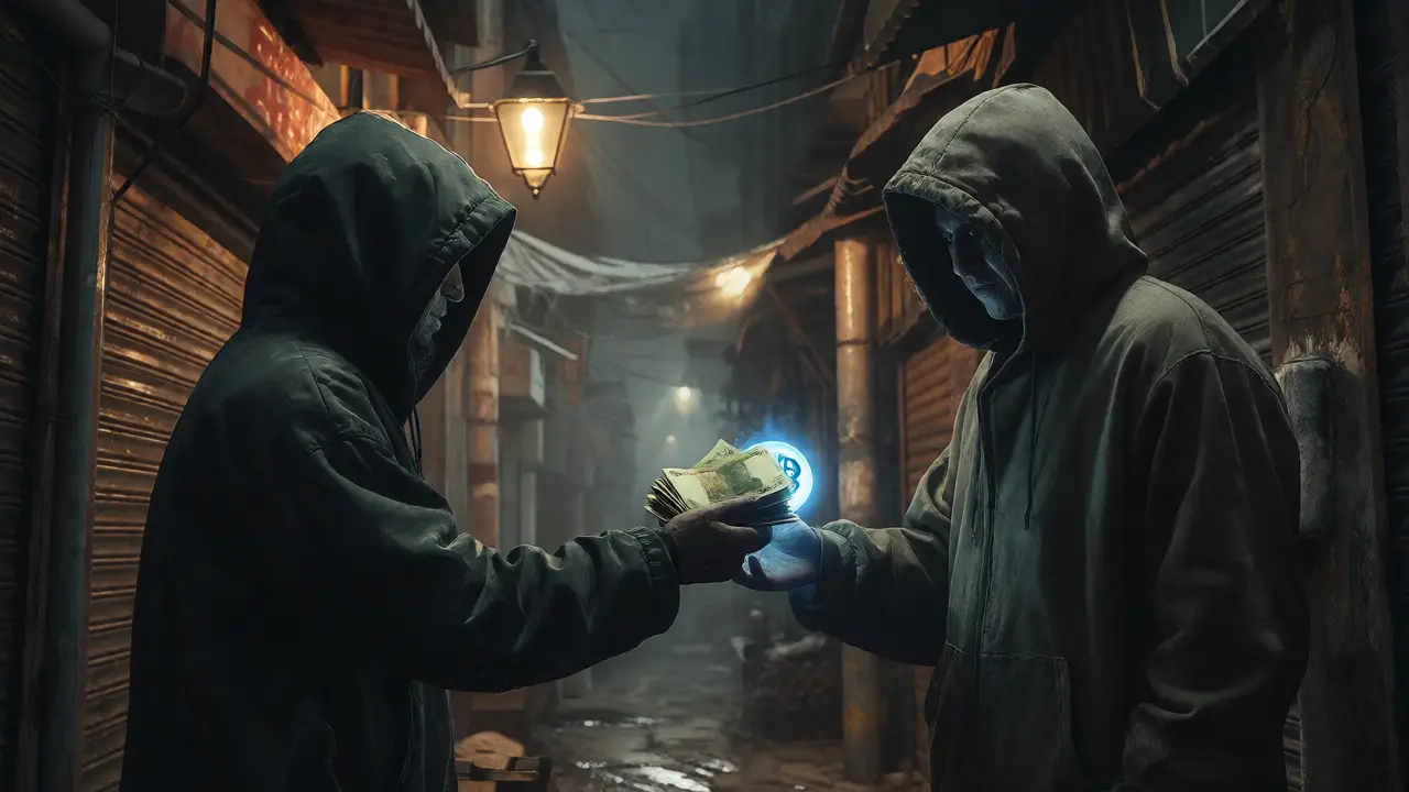 Échange secret de cryptomonnaies dans une ruelle sombre et tendue du Caire.