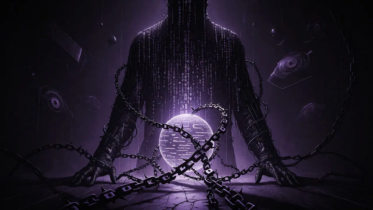 Figure digitale sombre protégeant une sphère de données avec des vignes cryptographiques.