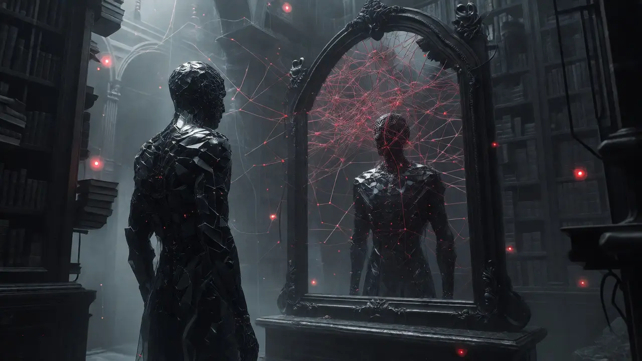 Figure en obsidienne face à un miroir reflétant un réseau neuronal complexe et brumeux.