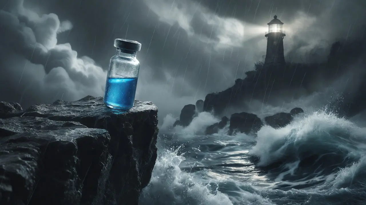 Fiole fragile au bord d'une falaise battue par des vagues sombres sous un ciel d'orage menaçant.