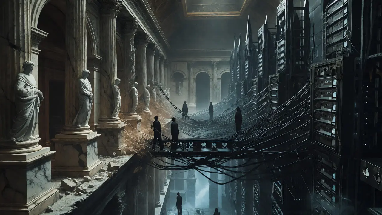 Fusion gothique d'une banque traditionnelle et de serveurs futuristes en ruines.