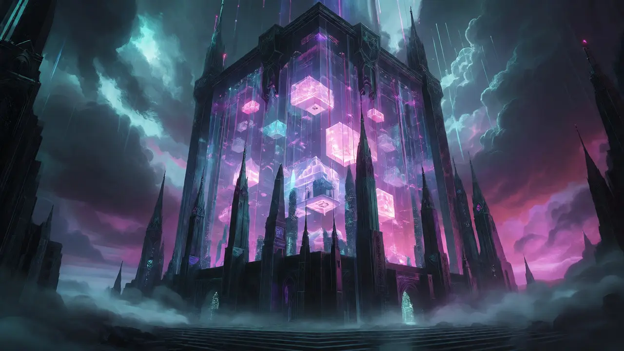 Gratte-ciel futuriste gothique contenant des actifs réels flottants sous un ciel nuageux et menaçant.