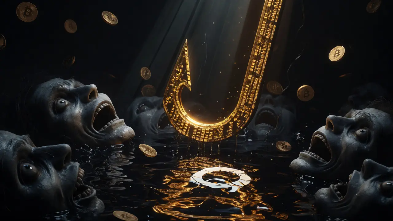 Hameçon doré piégeant des visages effrayés sous une eau noire reflétant un logo crypto décomposé.