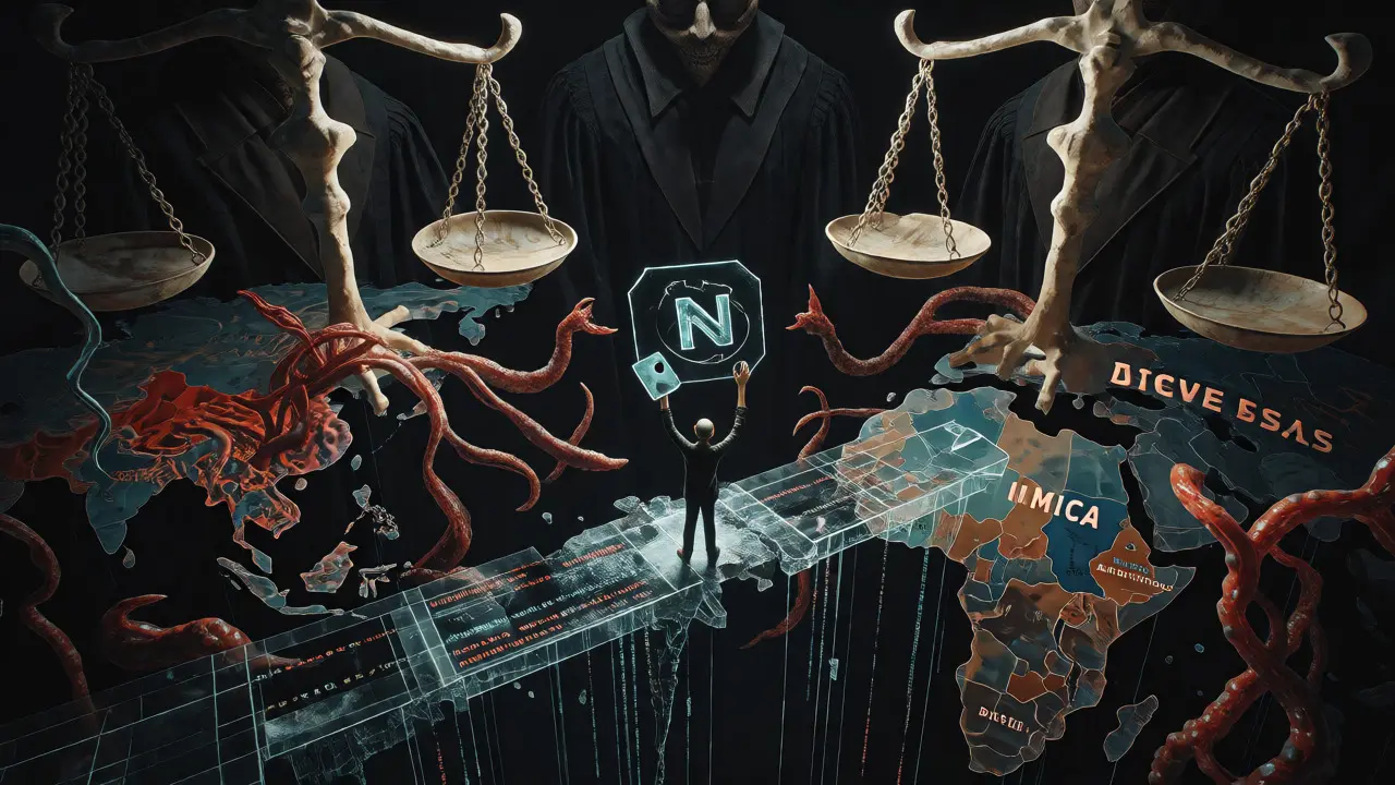 Investisseur terrifié face aux pièges juridiques des NFT et DeFi dans l'obscurité.