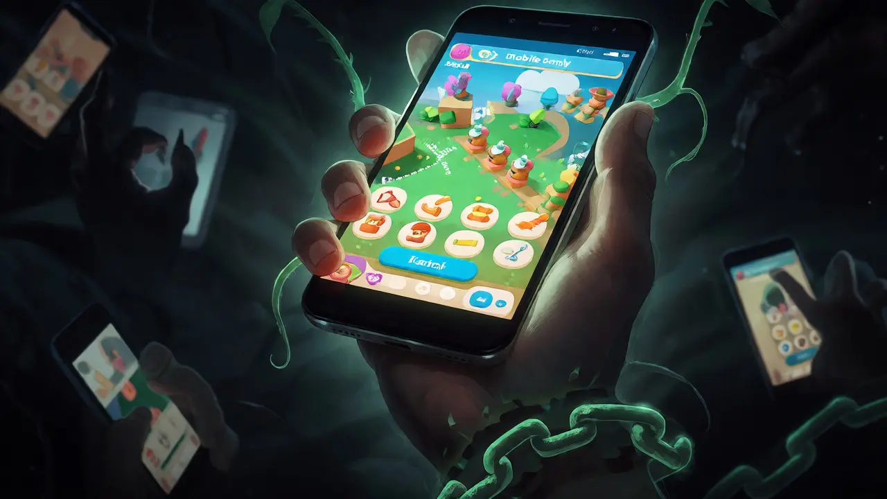 Main tenant un smartphone dans l'obscurité entouré de vignes vertes et chaînes fantômes