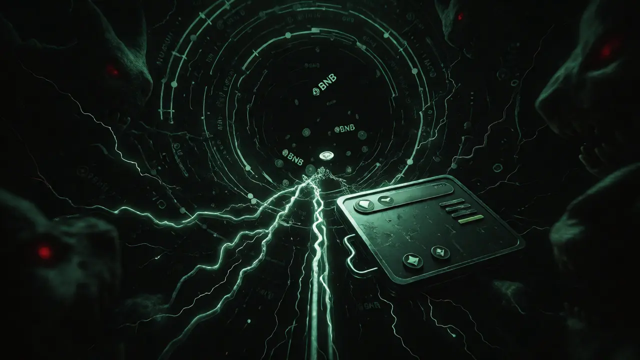 Portefeuille numérique connecté à un vortex blockchain entouré de créatures obscures.