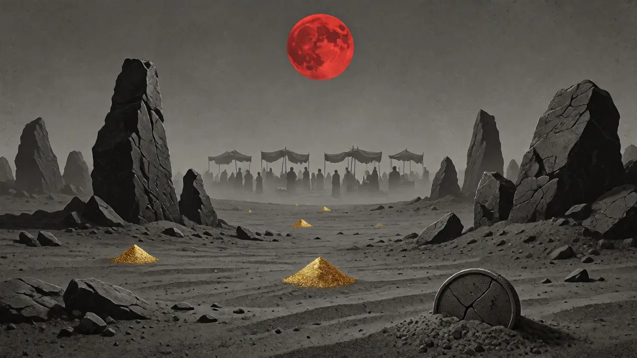 Poussière d'or isolée dans un désert gris sous une lune rouge sang.
