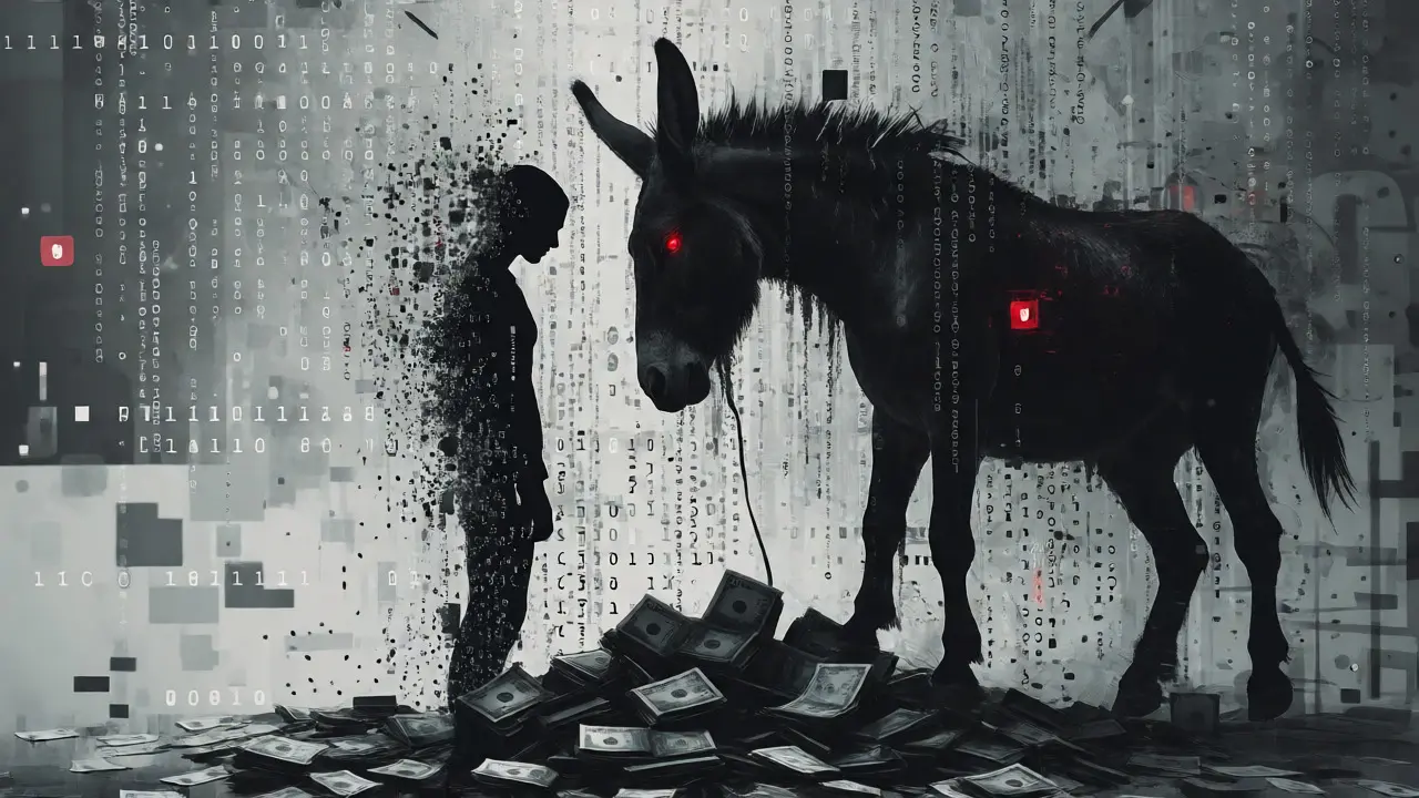 Silhouette humaine se désintégrant en pixels face à un âne monstrueux aux yeux rouges sur un tas de portefeuilles vides.