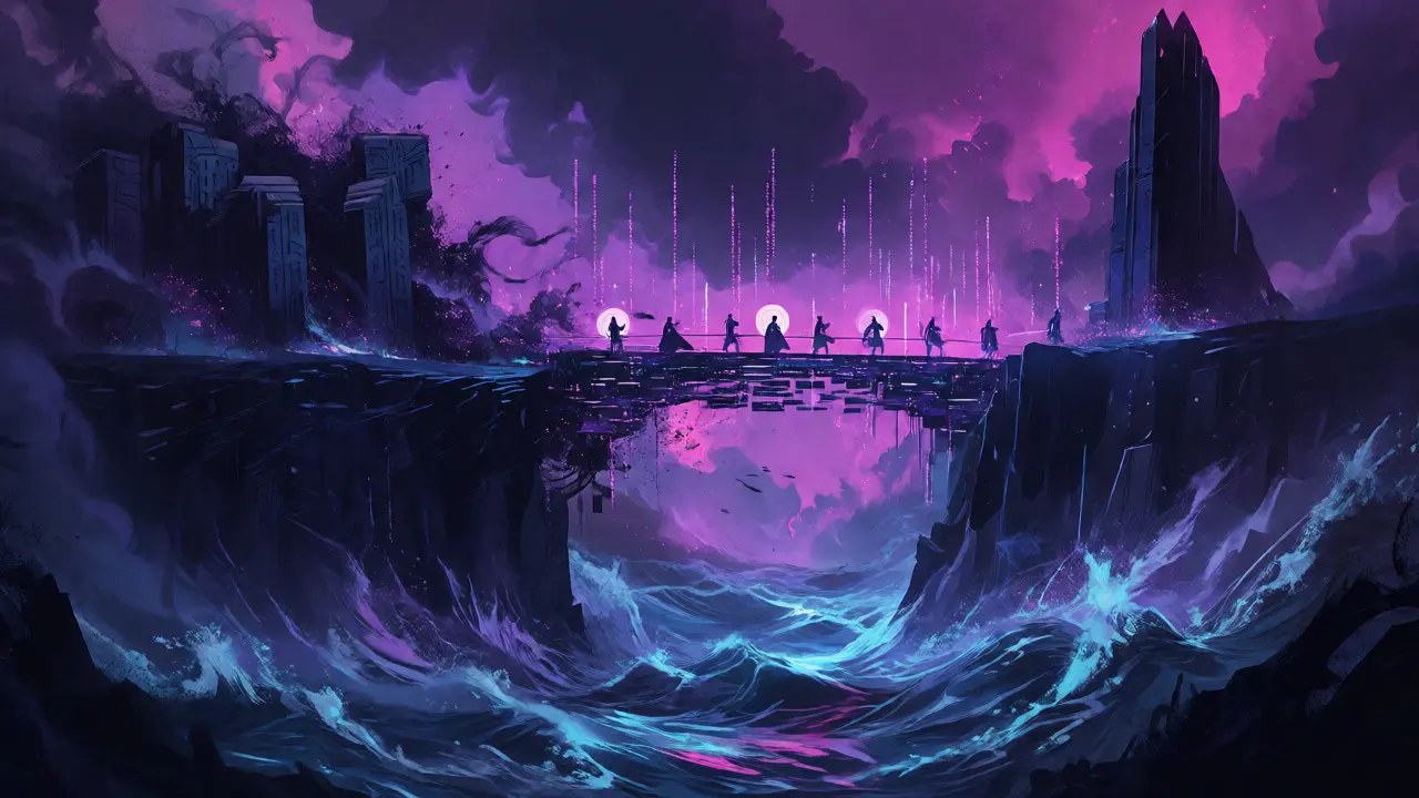 Traversée d'un pont numérique sombre entre deux écosystèmes blockchain en ruine