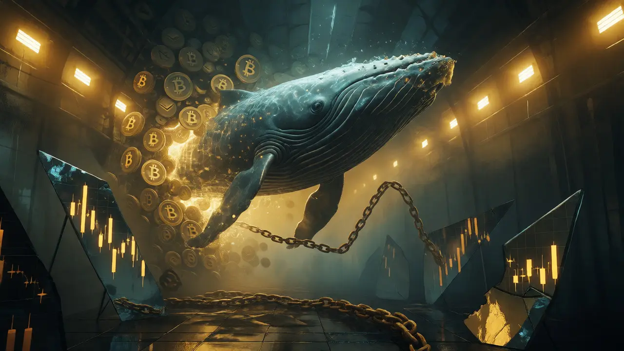 Une baleine cryptographique traînant des chaînes d'or vers une entrée sombre sur un marché en crise.